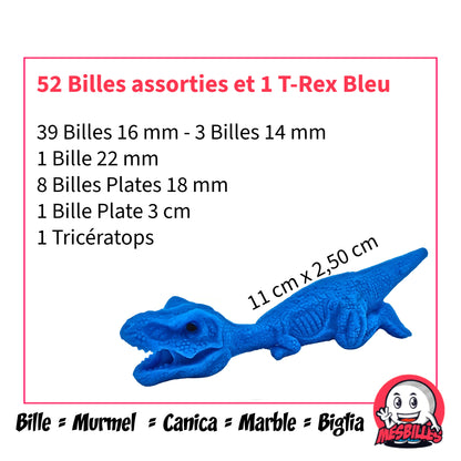 Ensemble 52 billes assorties multicolores et figurine T-Rex bleu extensible vendu en filet – jeu ludique et préhistorique MesBilles