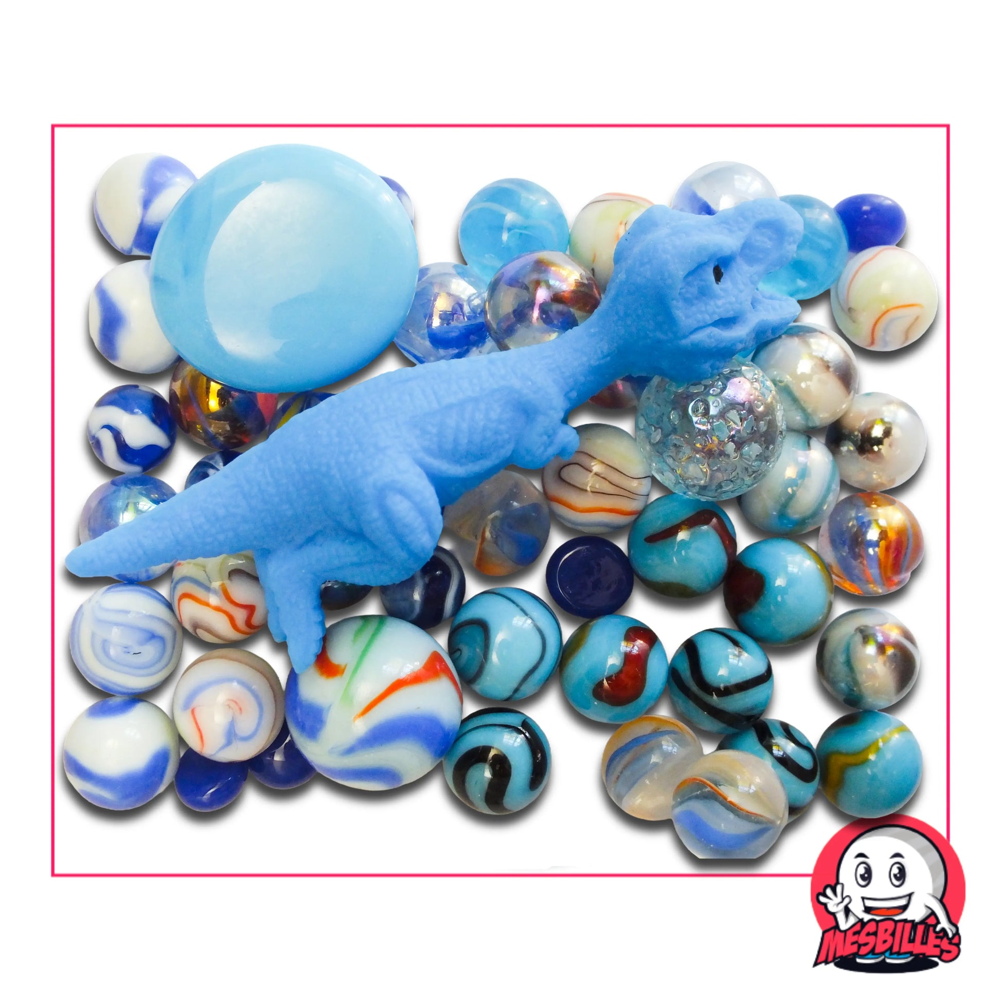 52 billes variées et figurine T-Rex bleu extensible – jouet préhistorique et divertissant pour enfants et passionnés MesBilles