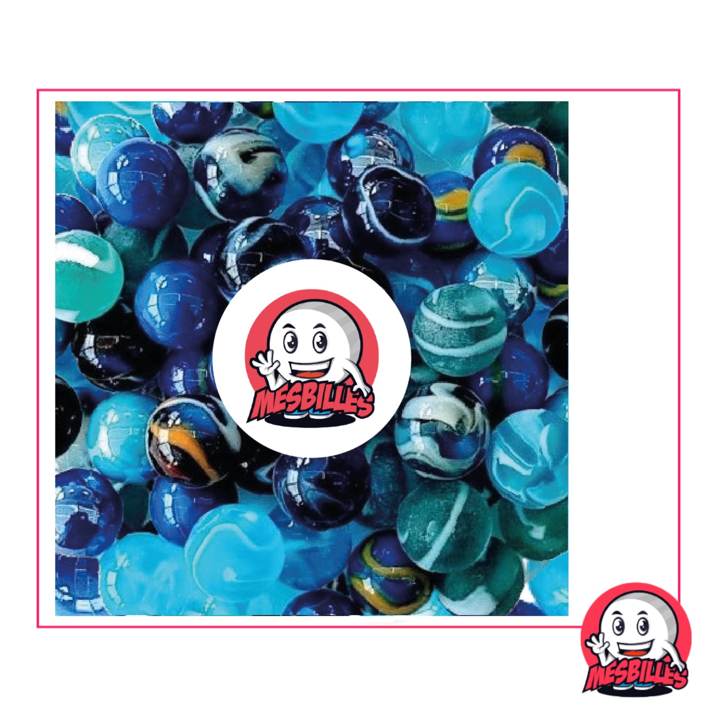 Sac de 55 Billes Requins, mélange de Billes Rondes et Plates Bleu-multiple, certaines sont en verre translucide, d'autres opaque ou encore d'aspect givré