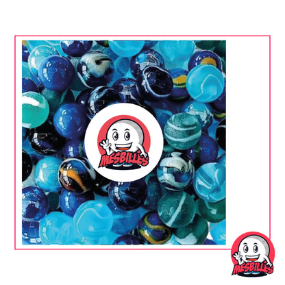 Sac de 55 Billes Requins, mélange de Billes Rondes et Plates Bleu-multiple, certaines sont en verre translucide, d'autres opaque ou encore d'aspect givré