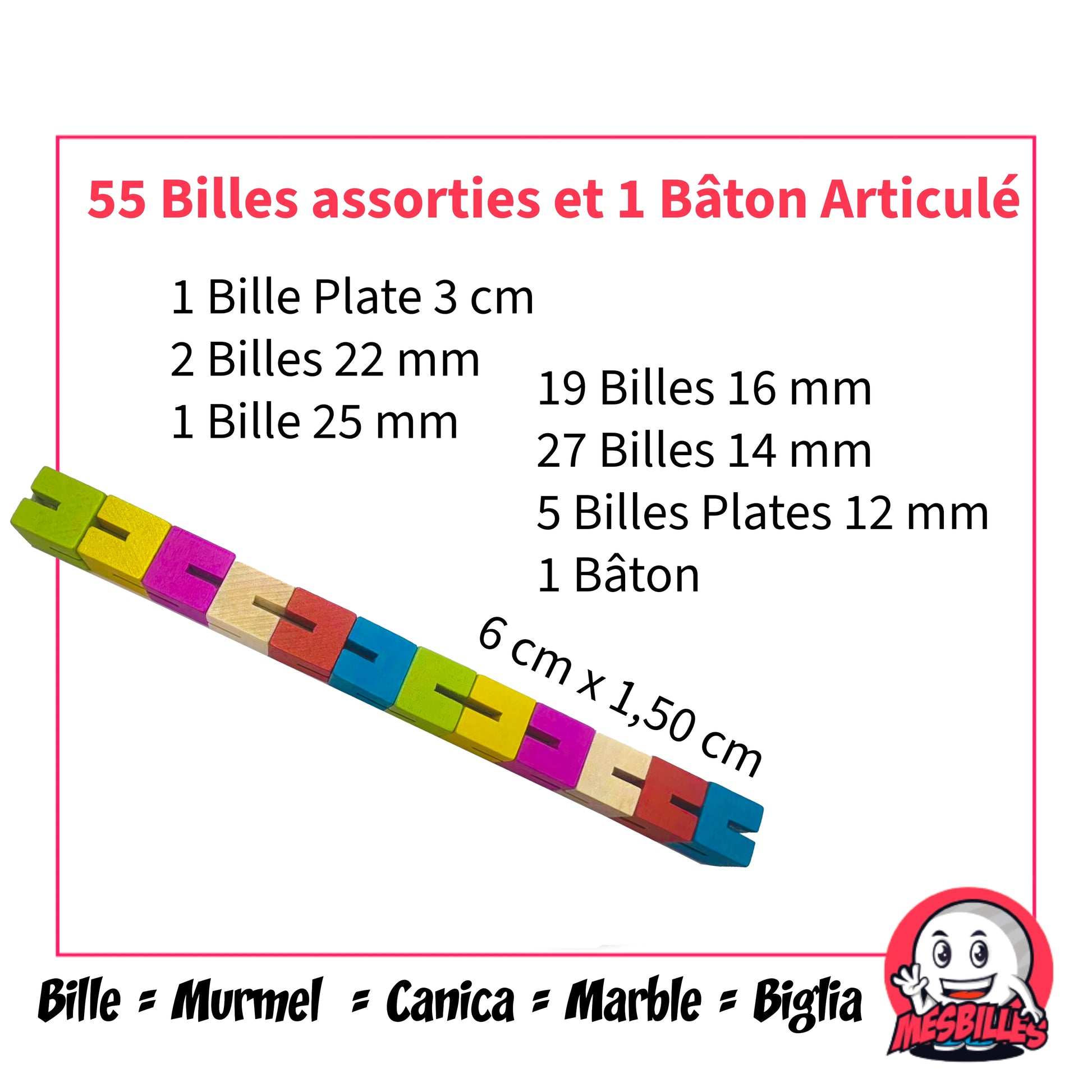 Détails du coffret 55 billes assorties et 1 Bâton Articulé en bois coloré : tailles variées de billes (12 à 30 mm) et dimensions du bâton (6 cm x 1,5 cm)