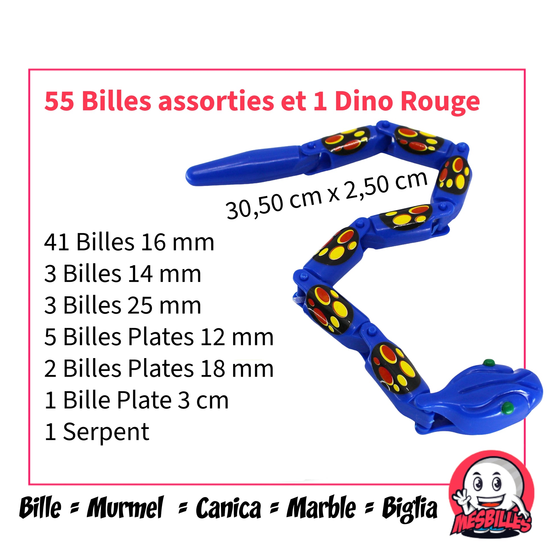 Détails du filet avec 55 billes assorties multicolores et 1 Serpent Slinky articulé bleu – jouet éducatif et amusant MesBilles