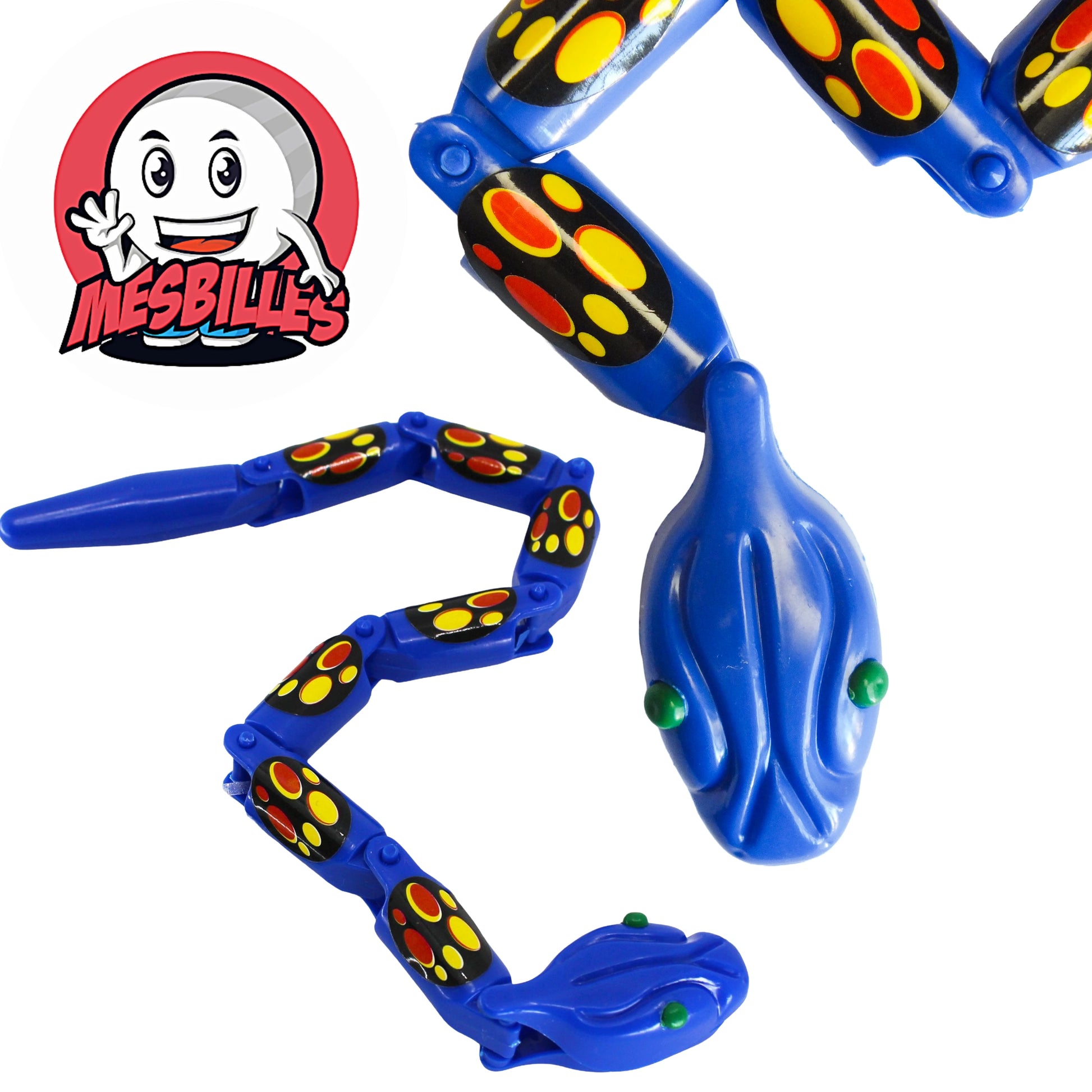 Serpent Slinky bleu entourant des billes colorées – jeu tactile et sensoriel vendu en filet par MesBilles