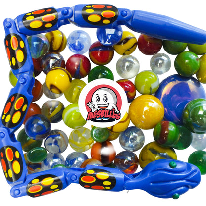 Gros plan sur le Serpent Slinky articulé bleu, jouet flexible et interactif inclus avec 55 billes assorties – MesBilles
