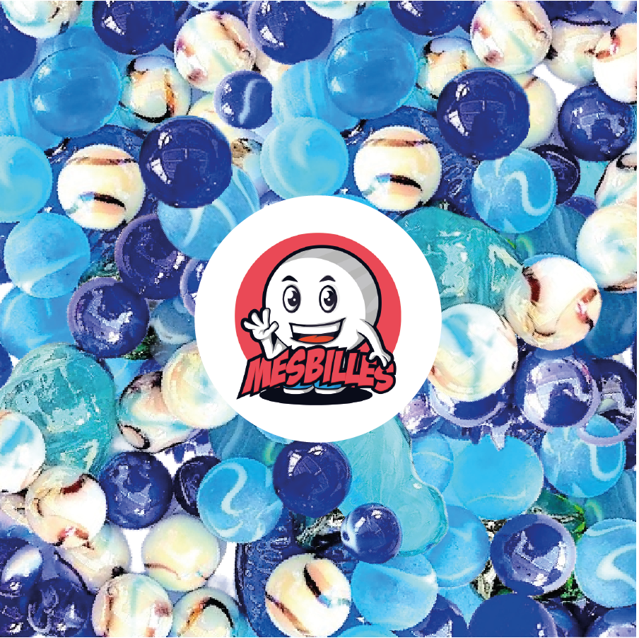 Collection 55 Billes Atlantide MesBilles : billes marines aux reflets bleus profonds et blancs nacrés, inspirées des légendes océaniques