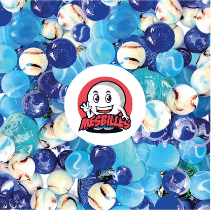 Collection 55 Billes Atlantide MesBilles : billes marines aux reflets bleus profonds et blancs nacrés, inspirées des légendes océaniques