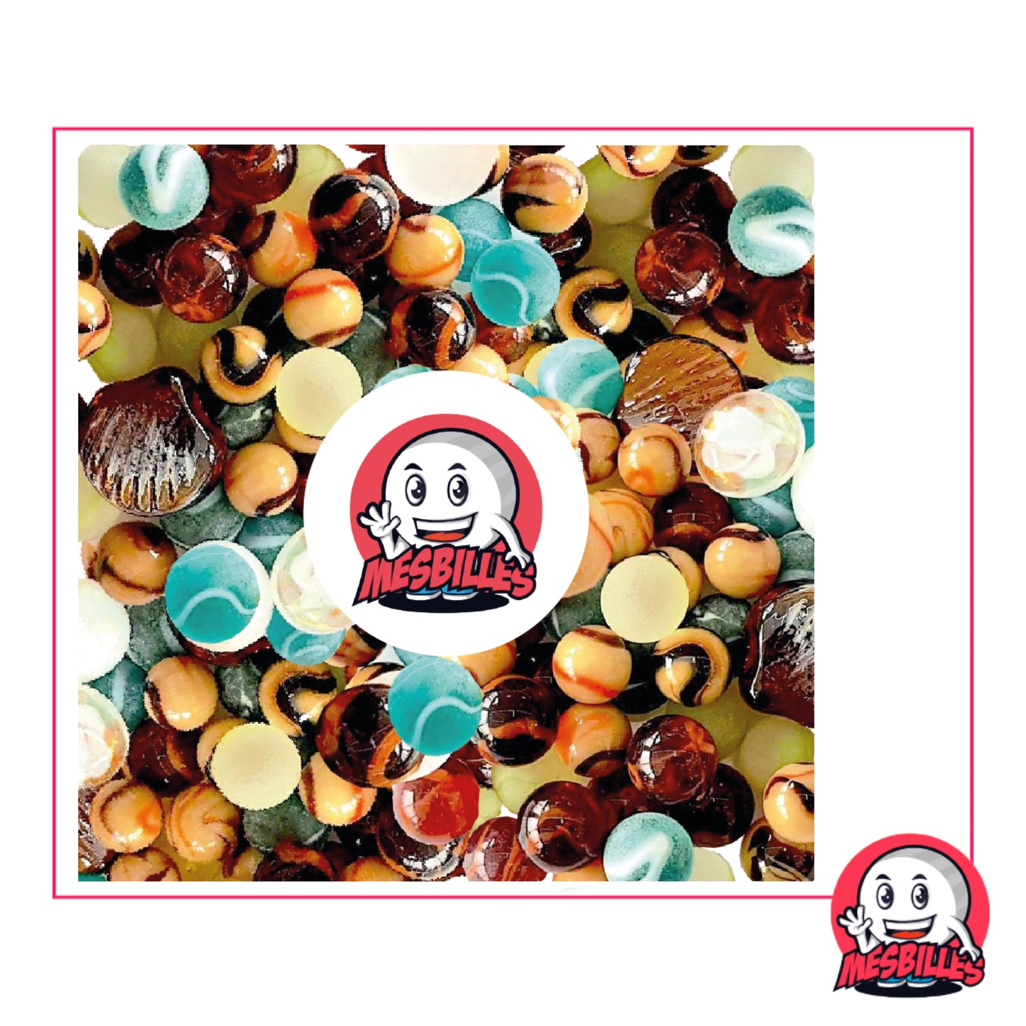 Ensemble varié de billes plates et rondes colorées — nuances turquoise, ambre et chocolat, présenté par MesBilles