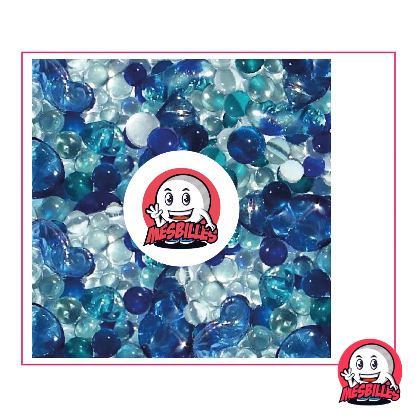 Ensemble MesBilles Marine : billes bleues, turquoise et blanches aux reflets cristallins rappelant l’océan et ses profondeurs