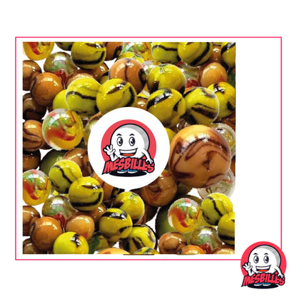 C'est un mélange de petites et grandes Billes en verre Rondes Marron et Vert, certaines sont d'aspect porcelaine, d'autres sont translucides