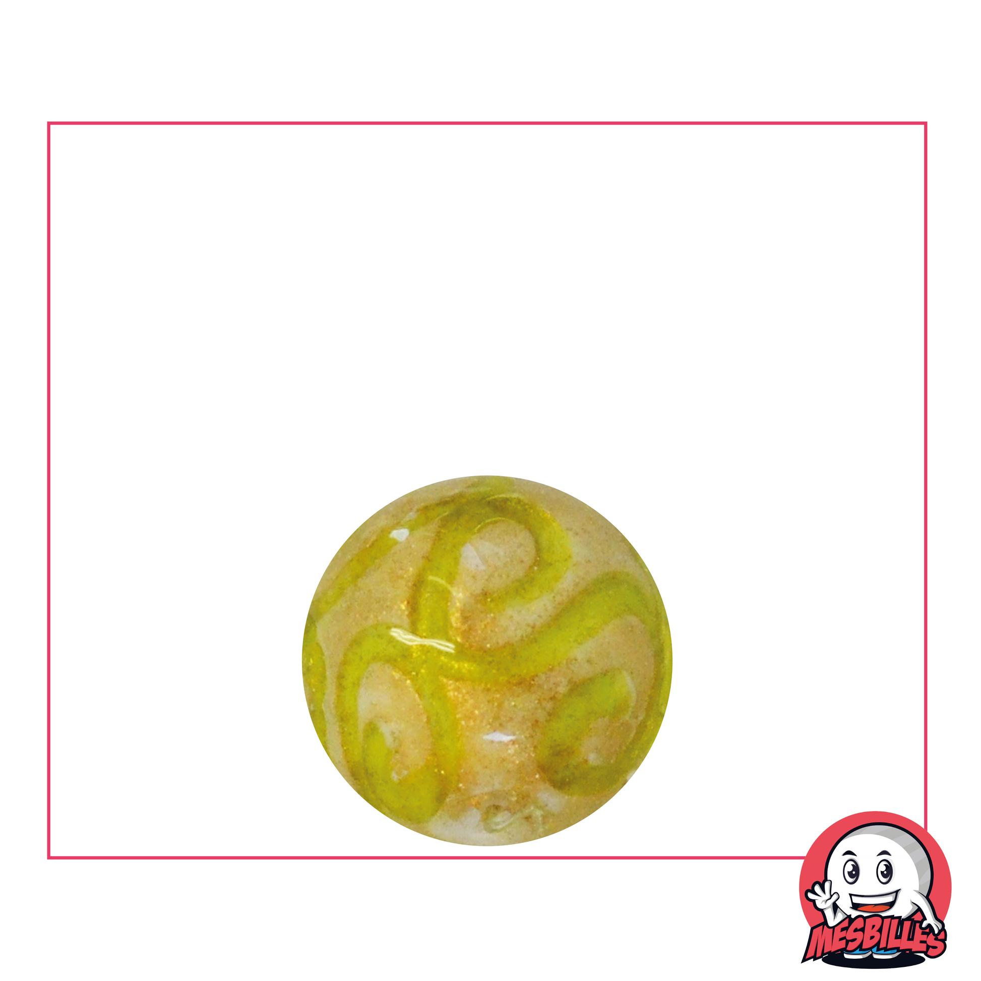 Kunstmurmel 16 mm, weiß mit gelben Arabesken und goldenen Glitzerpartikeln – Symbol für Liebe und Freundschaft