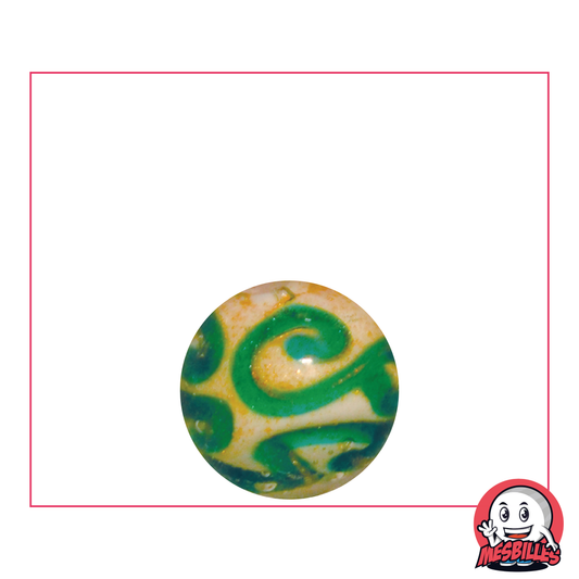 Bille d'art 16 mm, blanche avec arabesques vertes et paillettes or - livraison sécurisée