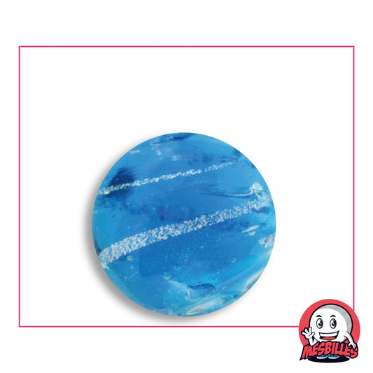 Bille Art Céleste Bleu en verre bleu azur translucide à spirales argentées pailletées, vue de dessus, 25 mm de diamètre