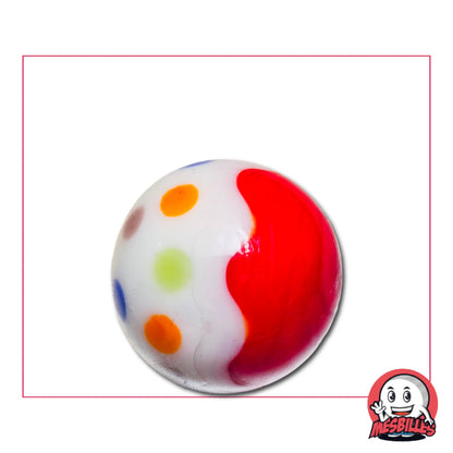 Bille Art Champi Rouge 22 mm brillante – bille rouge et blanche à pois multicolores, création artistique originale MesBilles