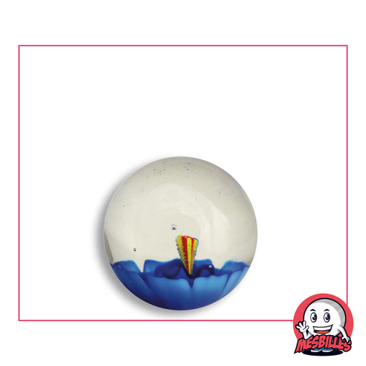 Bille Art Fleur 3D Bleu en verre transparent, corolle bleu profond en relief dans le bas du verre, au pistil rayé de rouge et de jaune, vue de dessus, 22 mm de diamètre