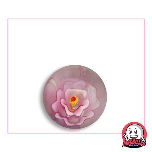 Bille Art Fleur 3D Rose en verre transparent, fleur rose en relief aux pétales ourlés de blanc et au pistil jaune et rouge, vue de dessus, 22 mm de diamètre