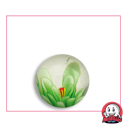 Bille Art Fleur 3D Vert en verre transparent, couronne de pétales vert tendre au pistil jaune strié de rouge dans le bas de la bille, vue de dessus, 22 mm de diamètre
