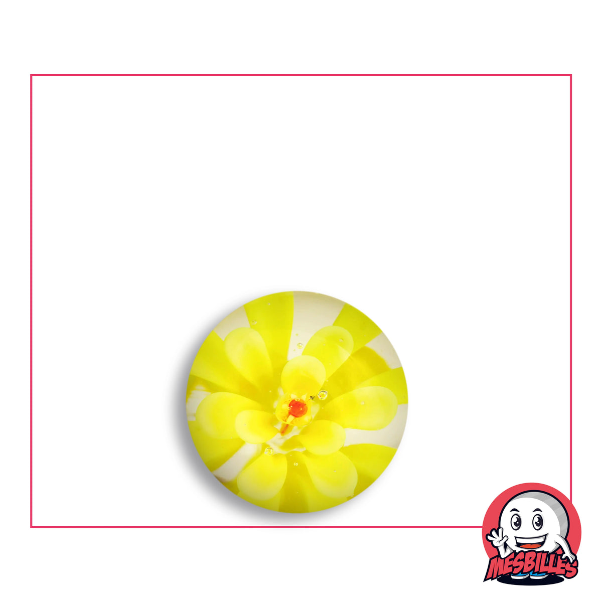 Bille Art Fleur3D Jaune en verre transparent, fleur jaune vif aux pétales serrés autour d'un cœur rouge, qui remplit presque toute la bille, vue de dessus, 16 mm de diamètre