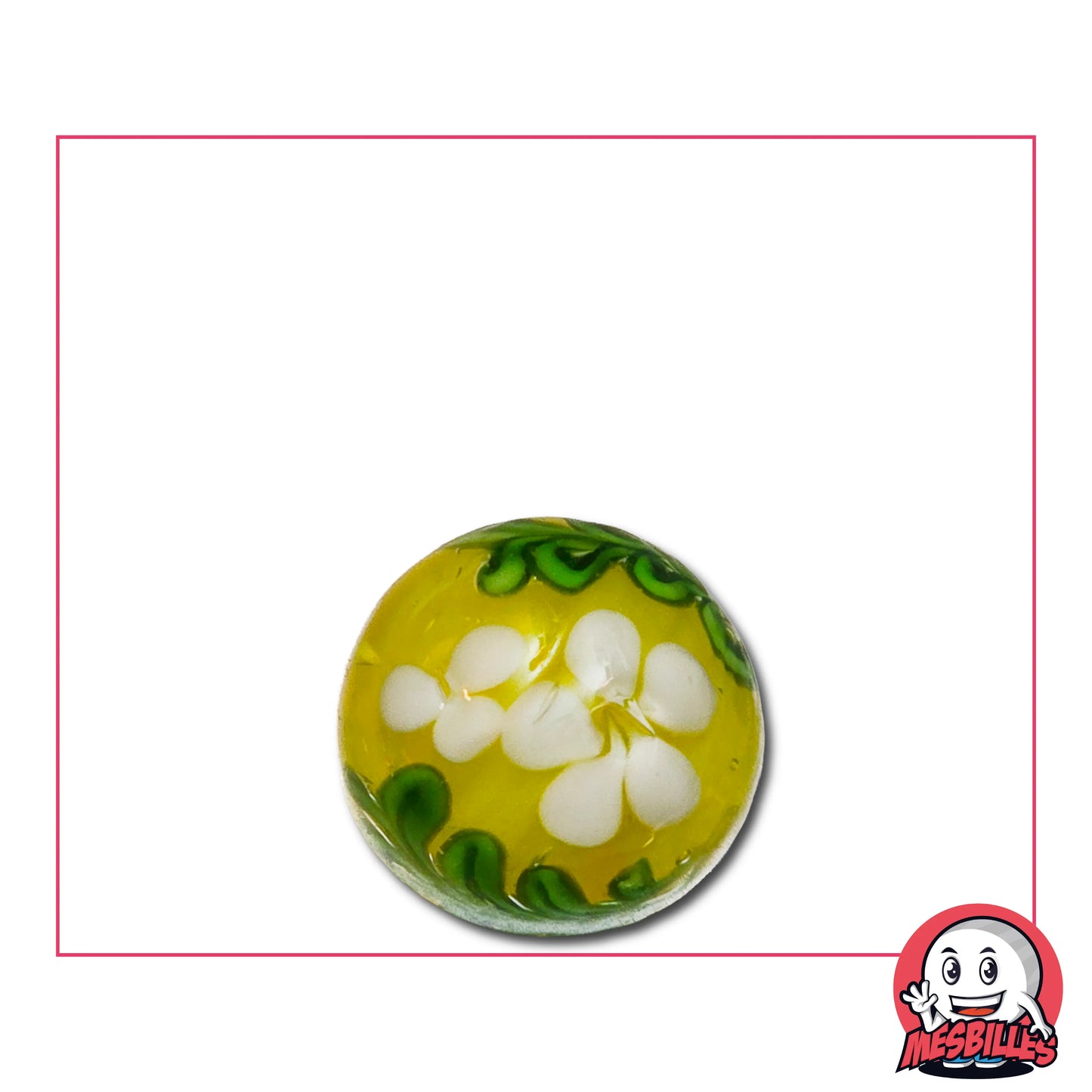 Bille Art Jardin d’Été 16 mm – bille jaune fleurie avec pétales blancs et bordure verte, lumineuse et artisanale MesBilles