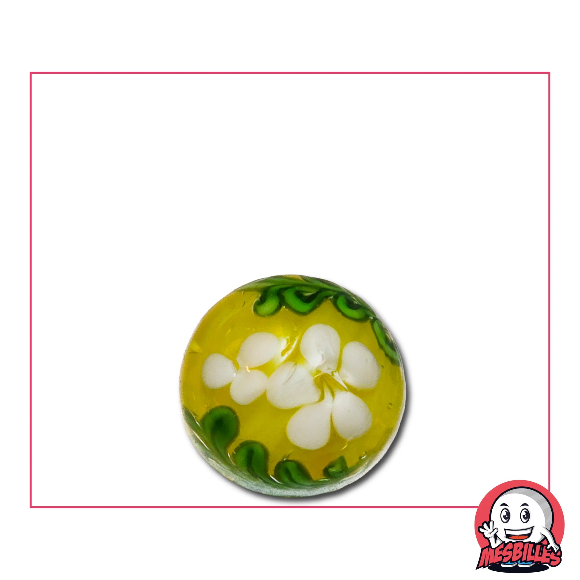 Bille Art Jardin d’Été 16 mm – bille jaune fleurie avec pétales blancs et bordure verte, lumineuse et artisanale MesBilles