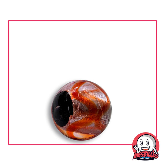 Bille Art Machu Picchu Rouge 16 mm en verre transparent à feuille argentée froissée et rubans orange-rouge, un large bout noir opaque, vue de dessus, 16 mm de diamètre