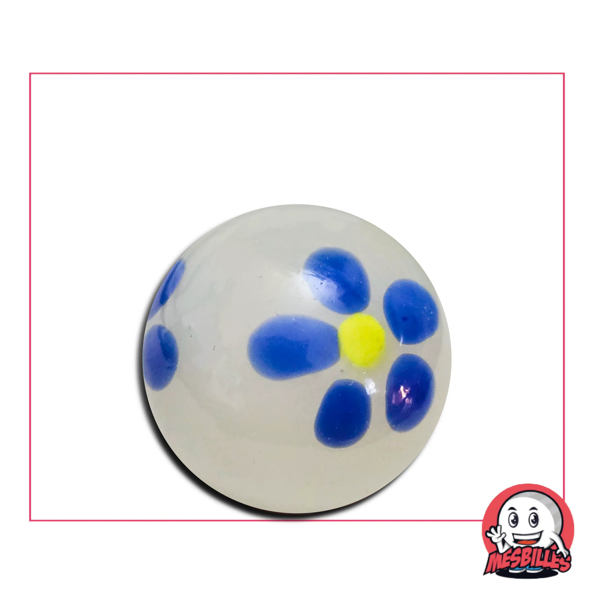 Bille Art Pâquerette Bleu Nuage 25 mm avec fleur bleue et cœur jaune dans verre translucide – bille artistique MesBilles