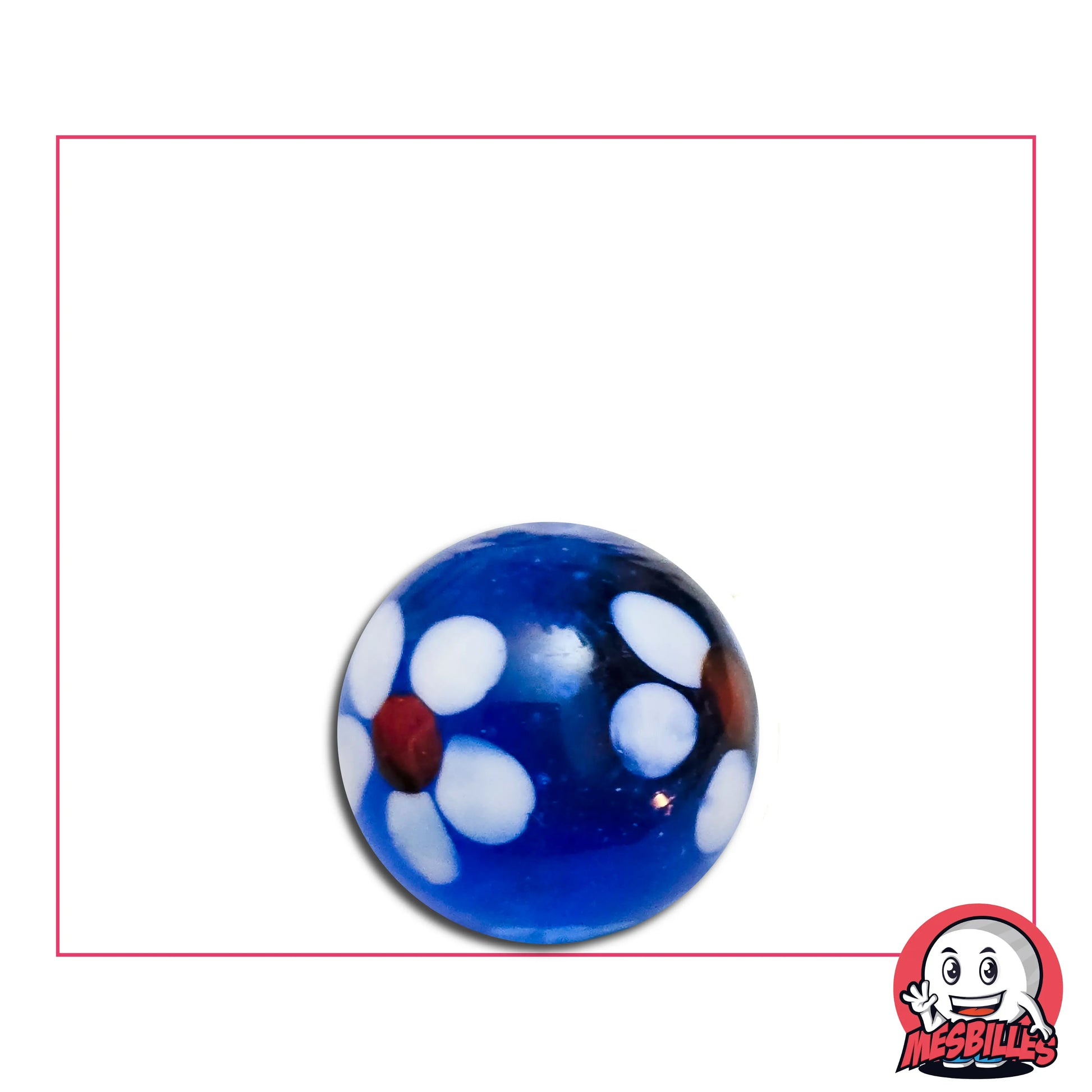 Bille Art Pâquerette Bleu Nuit 16 mm avec fleur blanche et cœur rouge dans verre bleu profond – bille artistique MesBilles