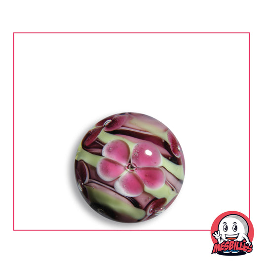 Bille Art Tornade Fleurie Rose 22 mm en verre à fleur framboise et rubans vert anis, vieux rose et prune, vue de dessus, 22 mm de diamètre