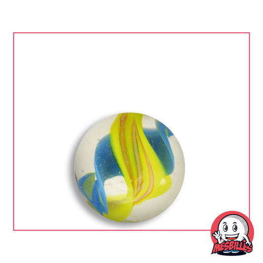 Bille Art Tornado Jaune en verre clair à spirale jaune citron et bleue, vue de dessus, 22 mm de diamètre