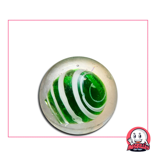 Bille Art Vague Vert 25 mm avec motif ondulé vert et lignes blanches dans verre transparent.