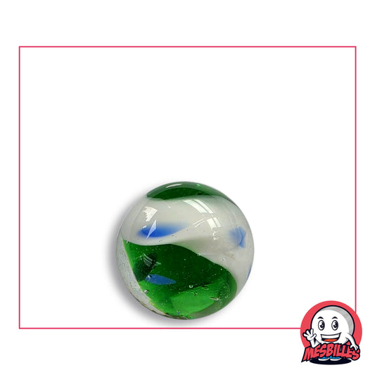 Bille Art Yin-Yang Vert en verre vert translucide et blanc opaque enlacés, touches bleues, vue de dessus, 16 mm de diamètre