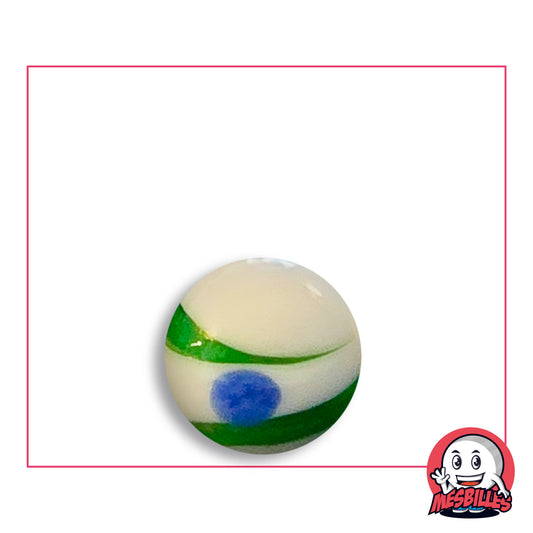 Bille Big-Bang Blanc et Vert 16 mm Collector en verre blanc crème à rubans vert vif et point bleu, vue de dessus, 16 mm de diamètre