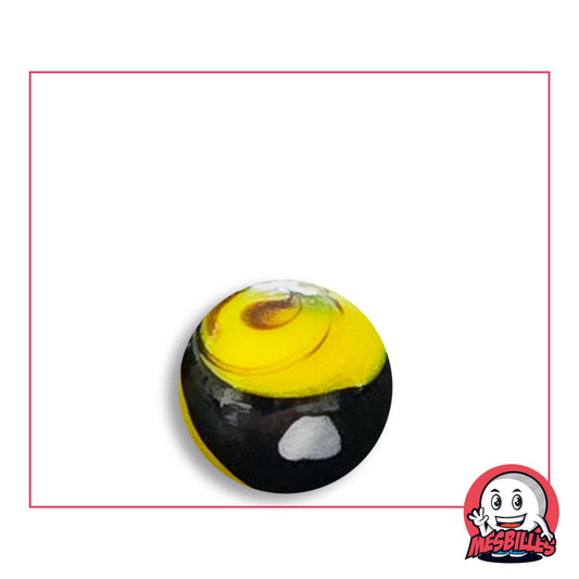 Bille Big-Bang Jaune et Noir 16 mm Collector en verre jaune et noir à tache blanche, vue de dessus, 16 mm de diamètre