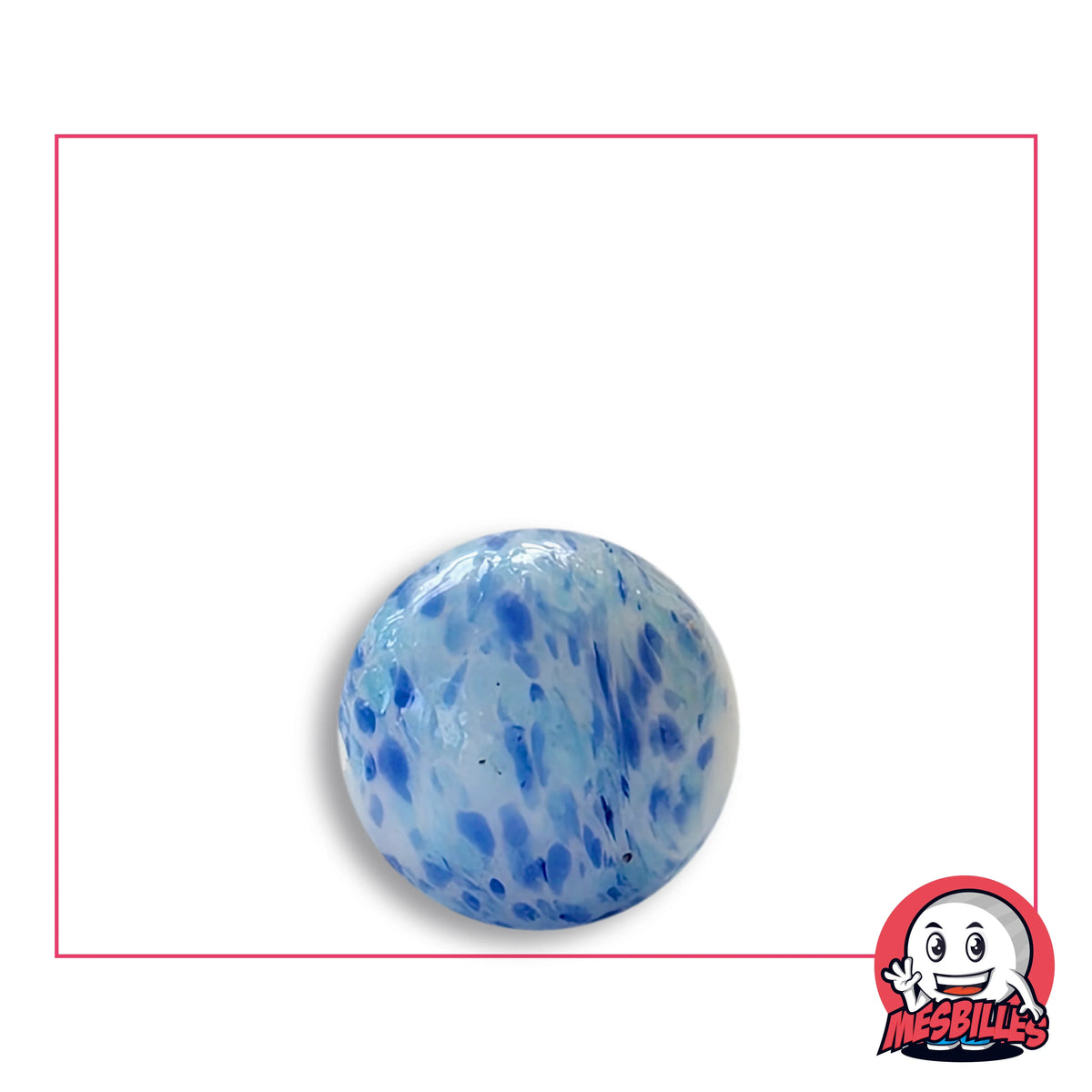 Bille Blanc Mouchetée Bleu 16 mm en verre blanc et bleu, vue de dessus, 16 mm de diamètre