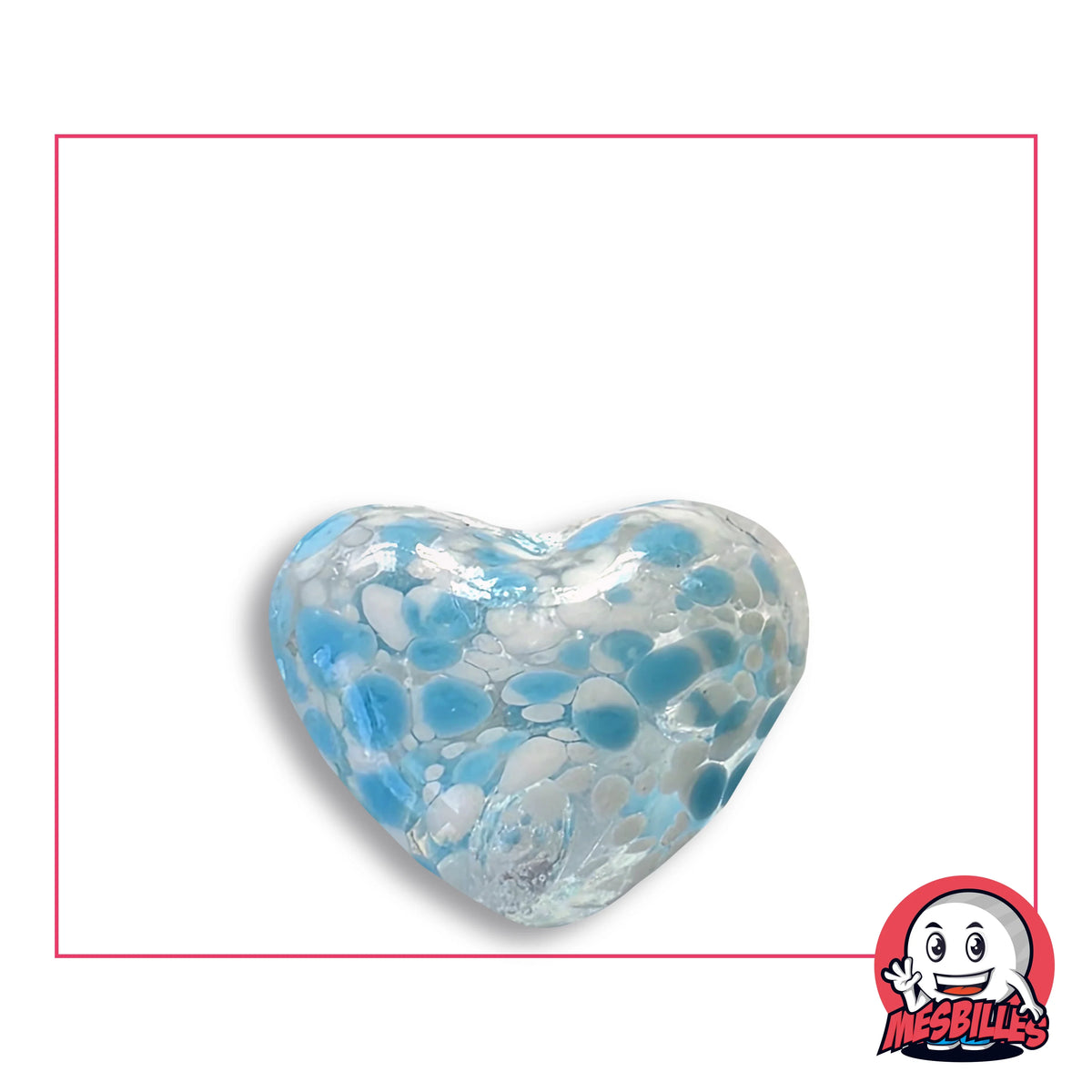 Bille Coeur Cristal Mouchetée Turquoise et Blanc en verre incolore à pastilles turquoise et blanches, vue de dessus, environ 25 mm de large