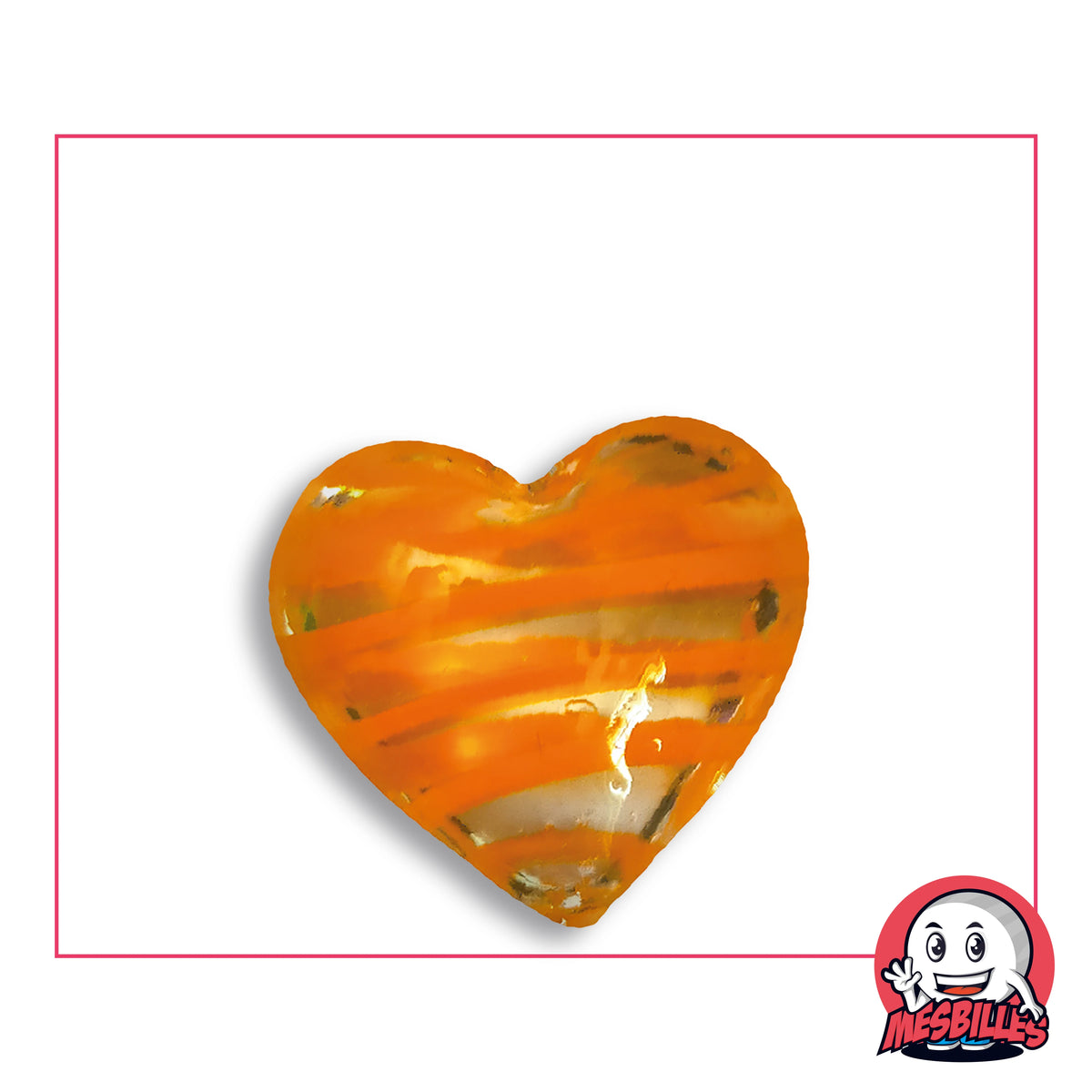 Bille Coeur Cristal Rayée Orange en verre incolore presque entièrement couvert de larges bandes orange, vue de dessus, environ 25 mm de large
