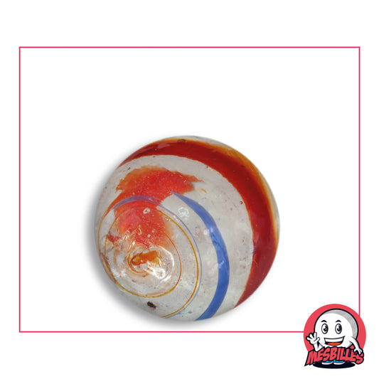 Bille Cyclone Rouge et Bleu 25 mm Collector en verre incolore à bande rouge, ruban bleu et filets ambrés, vue de dessus, 25 mm de diamètre