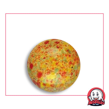 Bille Flyer Planet 25 mm KimPlay Collector en verre jaune doré à mouchetures denses rouges, vert sauge et jaune citron, vue de dessus, 25 mm de diamètre