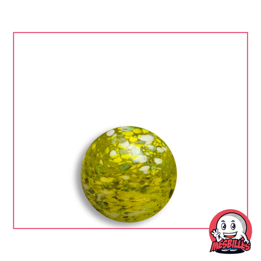 Bille Flyer Vert-Jaune 16 mm Collector en verre jaune-vert acide à pastilles jaune vif et blanches et mouchetures vert olive, vue de dessus, 16 mm de diamètre
