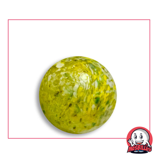 Bille Flyer Vert-Jaune 25 mm Collector en verre jaune-vert à pastilles jaune vif, éclats blancs et mouchetures vert olive, vue de dessus, 25 mm de diamètre