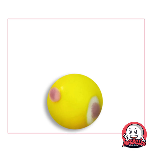 Bille Galactika Jaune 16 mm Collector en verre jaune citron opaque à taches vieux rose, l'une cerclée de blanc, vue de dessus, 16 mm de diamètre