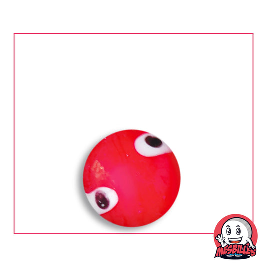Bille Galactika Rouge 16 mm KimPlay Collector en verre rouge vif opaque à deux yeux blancs à pupille sombre, vue de dessus, 16 mm de diamètre