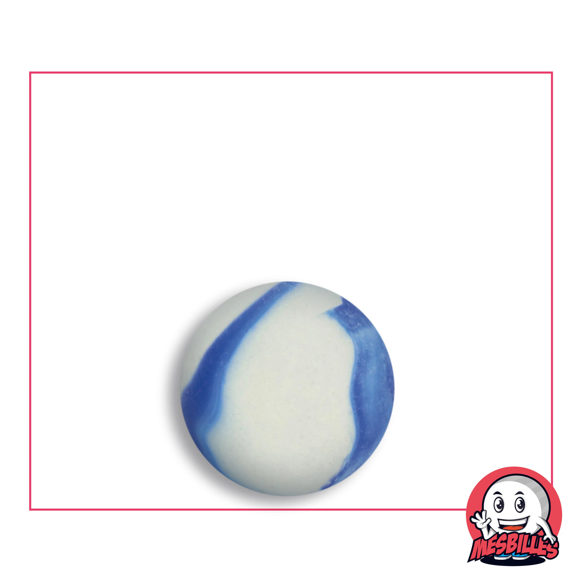 Bille Givrée Bleu en verre dépoli blanc crème à deux bandes bleu roi, vue de dessus, 16 mm de diamètre