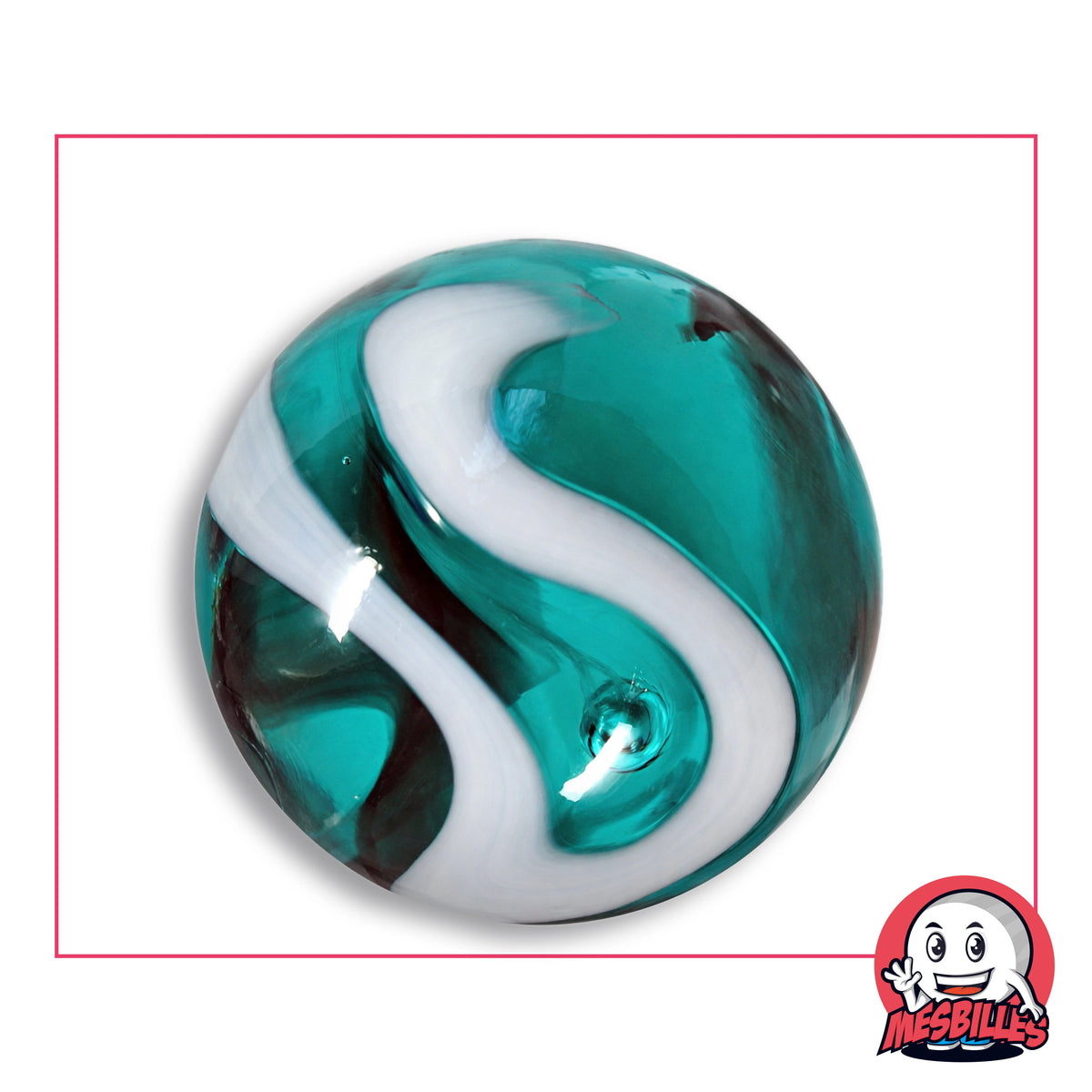 Grande bille Mer Égée en verre turquoise translucide à ruban blanc, vue de dessus, 42 mm de diamètre