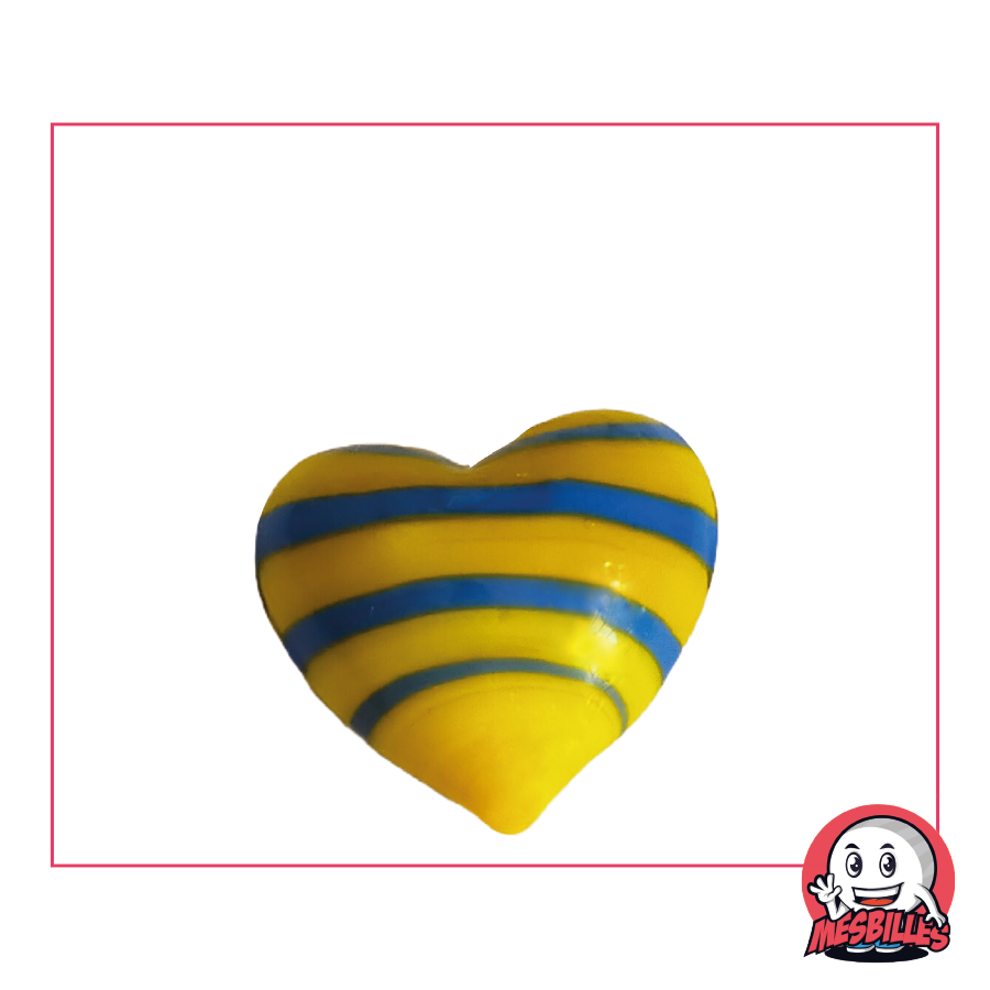 Form-Murmeln Herz aus opalem Glas, gelb mit blauen Streifen, flache Murmeln 25 mm, MeineMurmeln