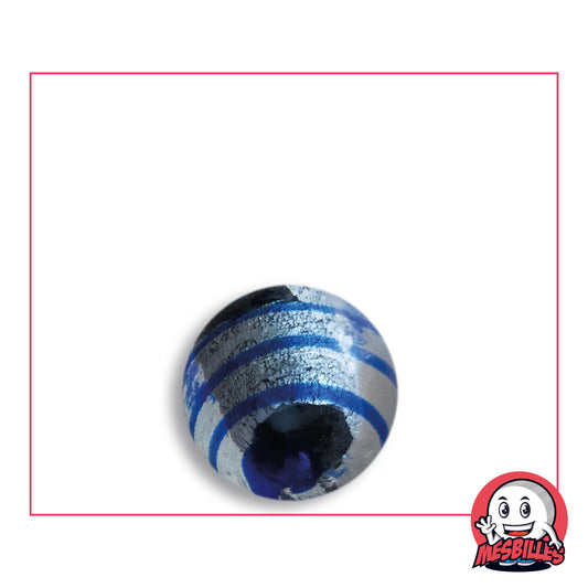 Bille Oeil de Dragon Rayé Bleu 16 mm Collector en verre clair à décor argenté rayé de bleu, vue de dessus, 16 mm de diamètre