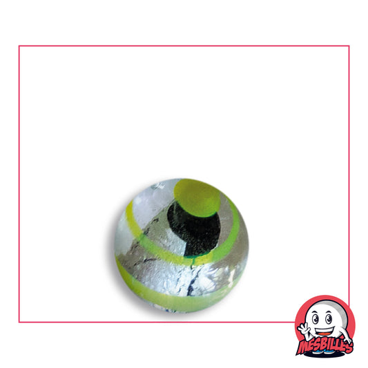 Bille Oeil de Dragon Rayé Jaune 16 mm Collector en verre clair à décor argenté rayé de jaune, vue de dessus, 16 mm de diamètre