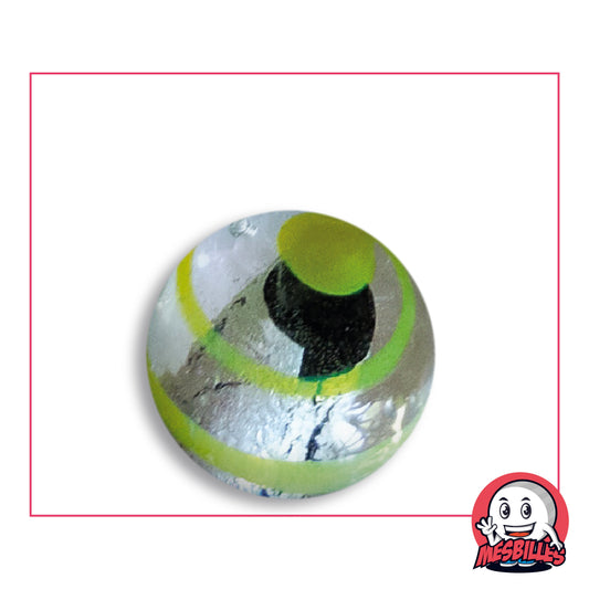 Bille Oeil de Dragon Rayé Jaune 25 mm Collector en verre clair à décor argenté rayé de jaune, vue de dessus, 25 mm de diamètre