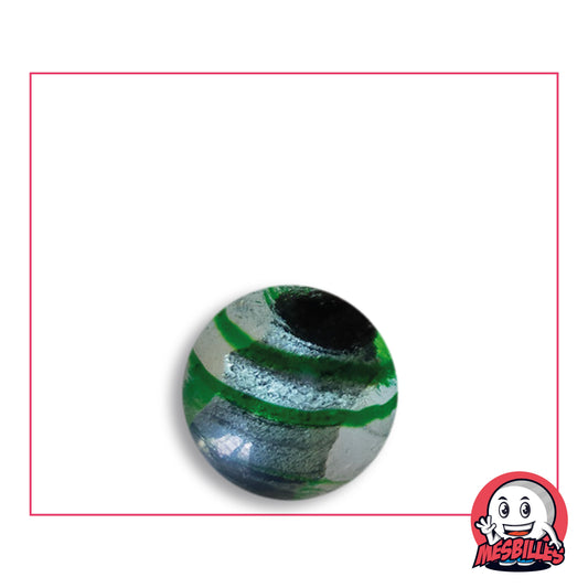 Bille Oeil de Dragon Rayé Vert 16 mm KimPlay Collector en verre clair à décor argenté rayé de vert, vue de dessus, 16 mm de diamètre