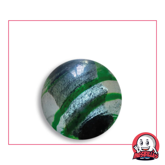 Bille Oeil de Dragon Rayé Vert 25 mm KimPlay Collector en verre clair à décor argenté rayé de vert, vue de dessus, 25 mm de diamètre