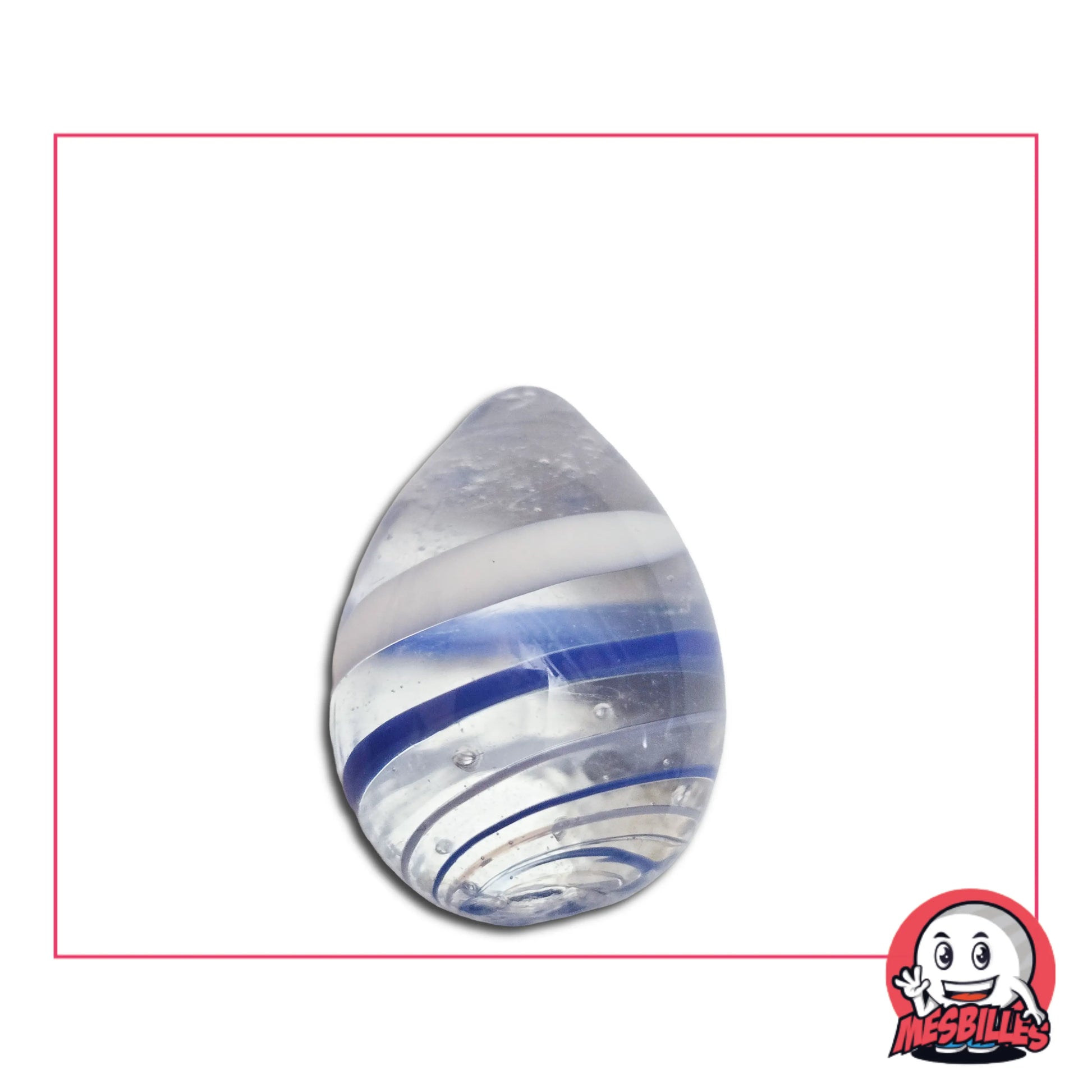 Bille en verre forme œuf cristal transparent avec rayures bleues spirales – MesBilles